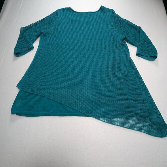 EILEEN FISHER Green 100 % Organic Linen Asymmetrical Open Knit SweateTunic Sz L - Picture 3 of 12